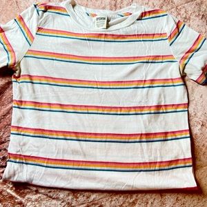 Rainbow striped PINK shirt.